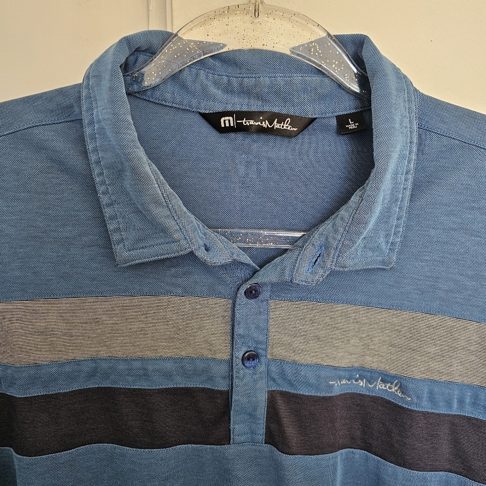 Travis Mathews Mens Polo blue Pima Cotton Large Chest stripe stretch comfort - Picture 3 of 8
